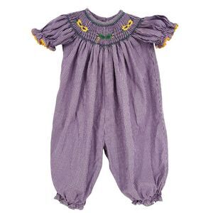Mardi Gras Mask Smocked Short Sleeve Knickers Baby 6M Purple Gingham Plaid